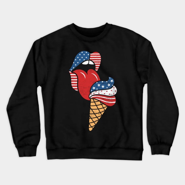 Patriotic American Flag Lips and Summer Stars & Stripes Ice Cream Crewneck Sweatshirt by TwistedCharm